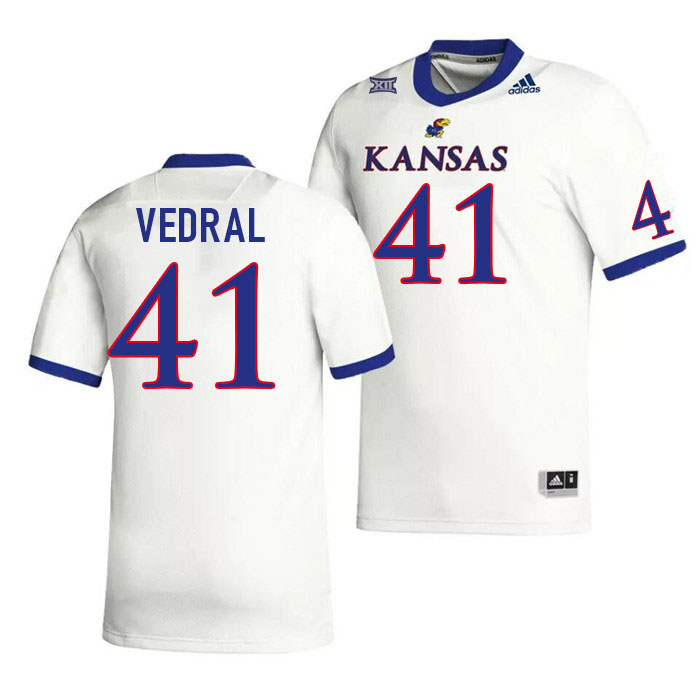 Men #41 Ezra Vedral Kansas Jayhawks College Football Jerseys Stitched Sale-White